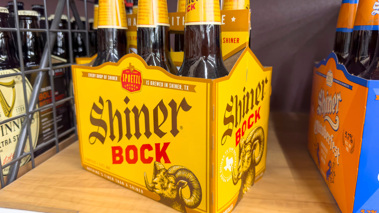 Six-pack of Shiner bock beer on wood shelf