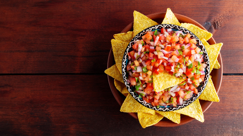 Bowl of pico de gallo and tortilla chips