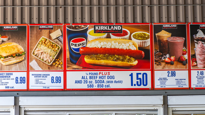 Costco food court menu with hot dog at the center