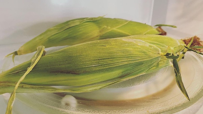 unshucked corn on microwave turntable