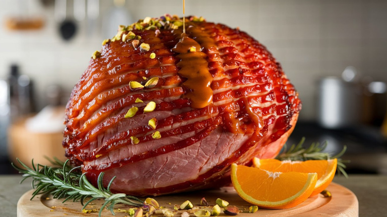 A spiral-cut ham is drizzled in maple glaze