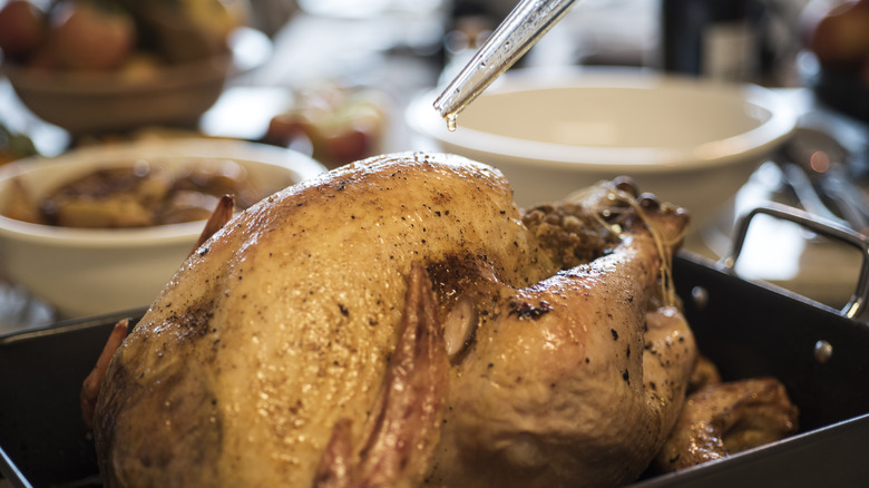 basting turkey in pan