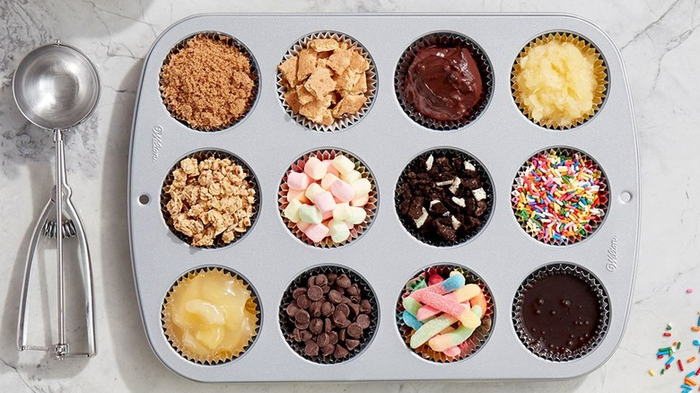 Muffin tin with ice cream toppings