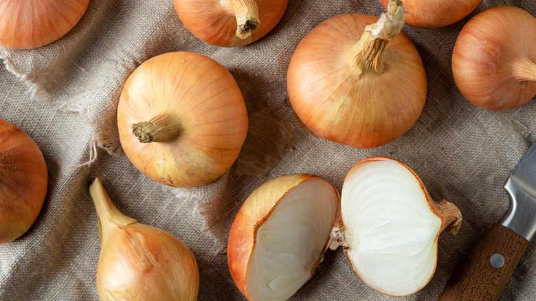 Raw yellow onions rest on a sheet of rough fabric, with one cut in half.