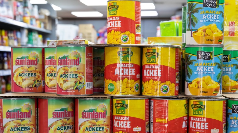 Cans of ackee on a supermarket shelf