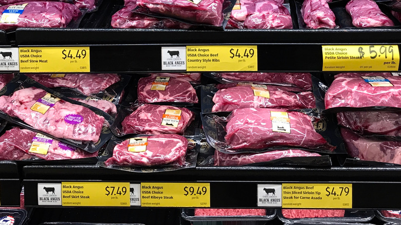 Meat on Aldi shelves with price tags