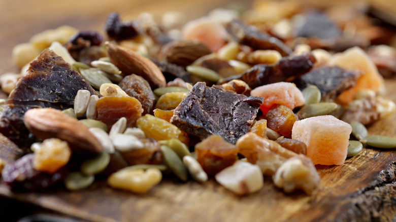 Trail mix heavy with dried fruit and almonds 