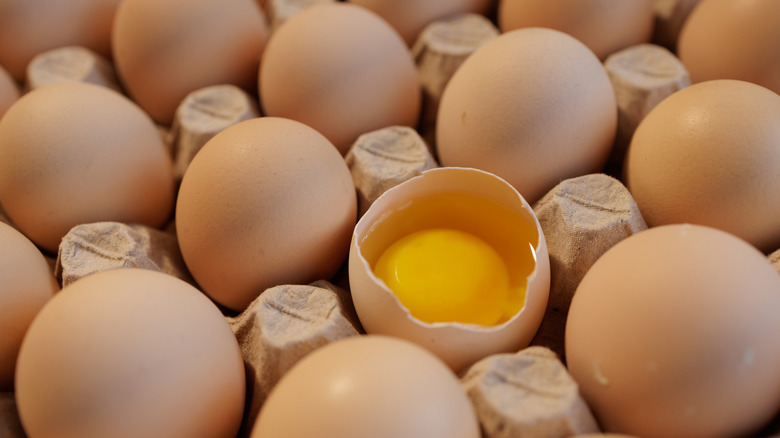 Brown eggs are nestled in a carton