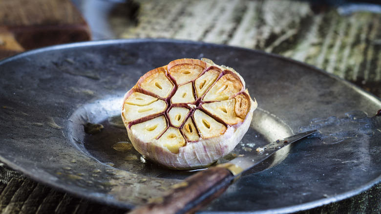 Roasted garlic on a large platter