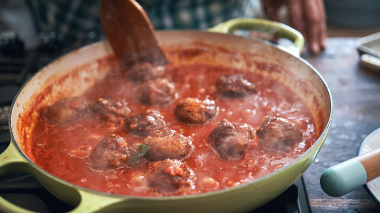 Homemade tomato sauce with meatballs