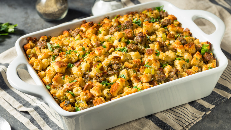 Pork sausage stuffing served in a casserole dish