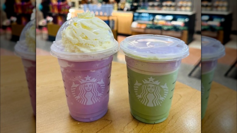 Starbucks lavender beverages on table