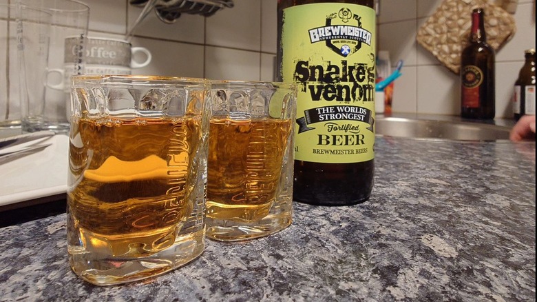 Snake venom beer in whiskey glasses
