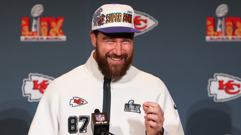 Travis Kelce at a press conference ahead of Super Bowl LIX