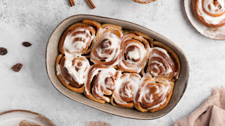 fresh cinnamon rolls in dish