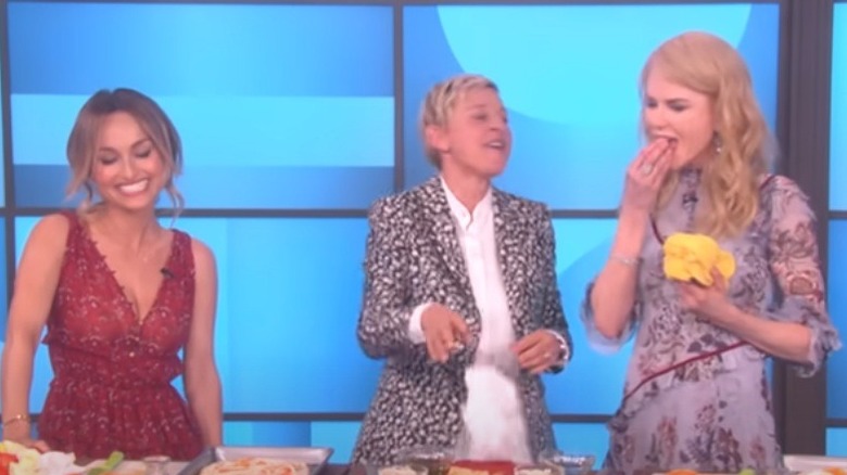 a still from the Ellen chat show, featuring Giada De Laurentiis, Ellen DeGeneres and Nicole Kidman