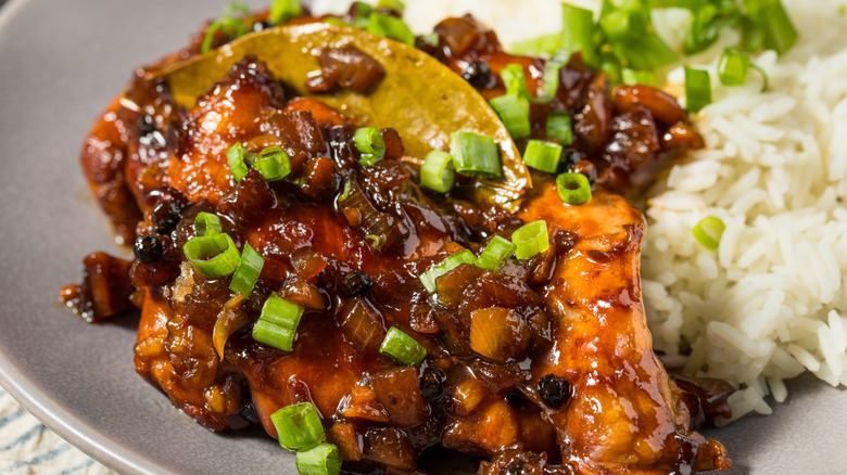 a plate of Filipino chicken adobo