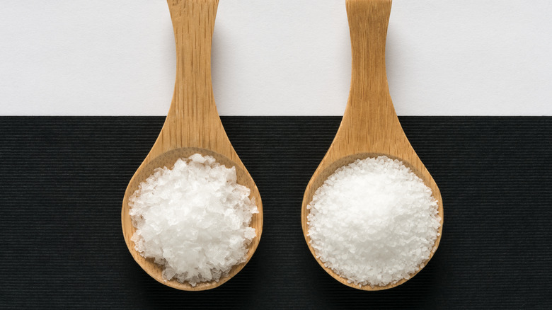 two types of salt on wooden spoons