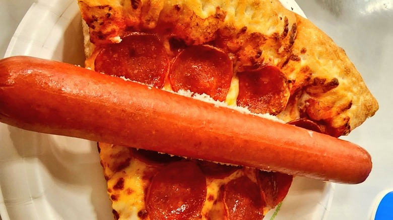 Costco hot dog on pepperoni pizza