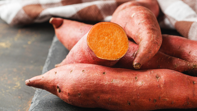 Cut, raw sweet potatoes