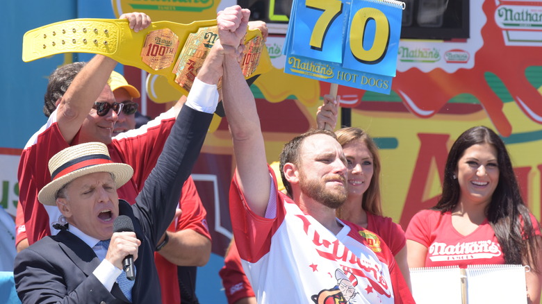 Joey Chestnut winning Nathan's Hot Dog Eating Contest