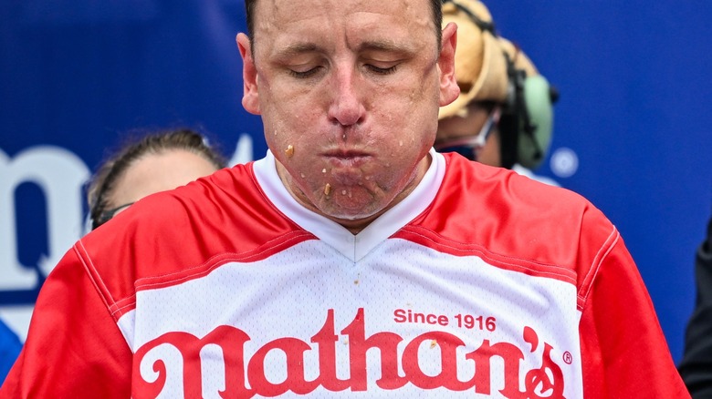 Joey Chestnut competing in Nathan's Hot Dog Eating Contest