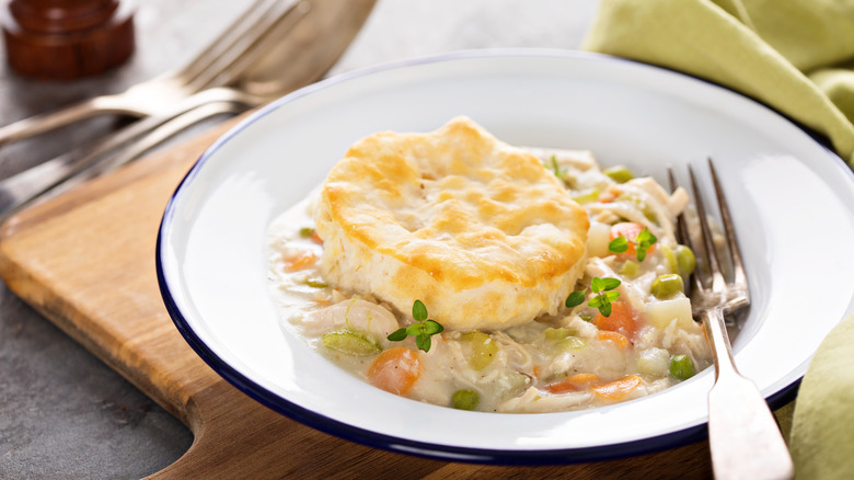 serving of chicken pot pie with a biscuit on top