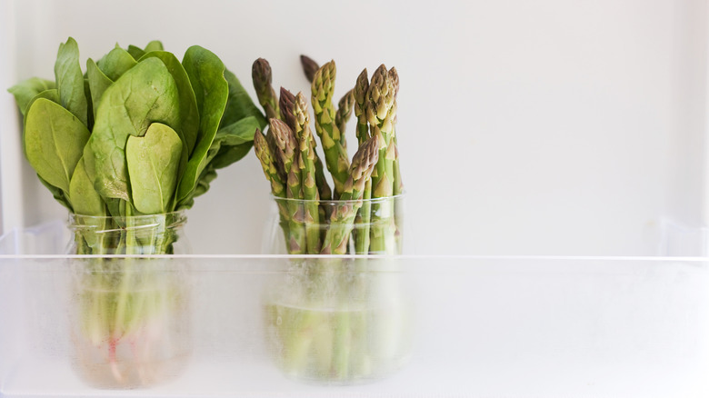 Asparagus in a jar with water in the fridge