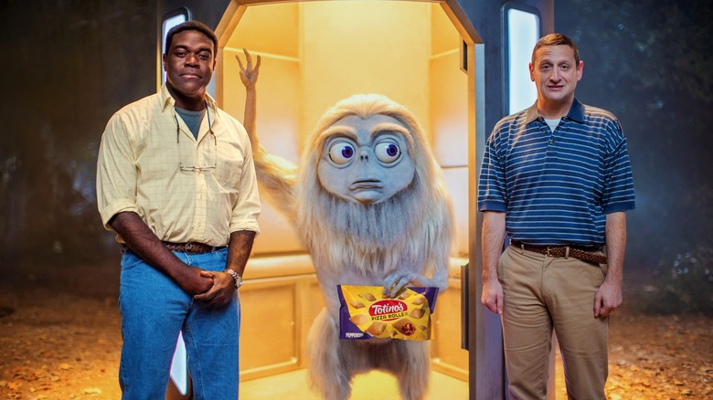 Tim Robinson and Sam Richardson with Chazmo the alien in a Totino's commercial