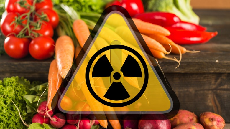 Vegetables with radiation warning sign