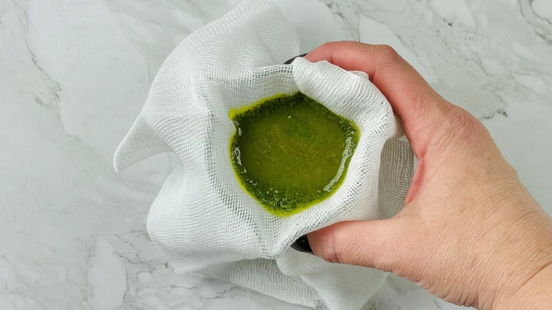 hand holding cheesecloth full of pureed basil