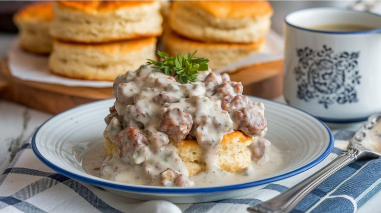 A biscuit topped with gravy