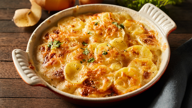 A dish of potatoes au gratin