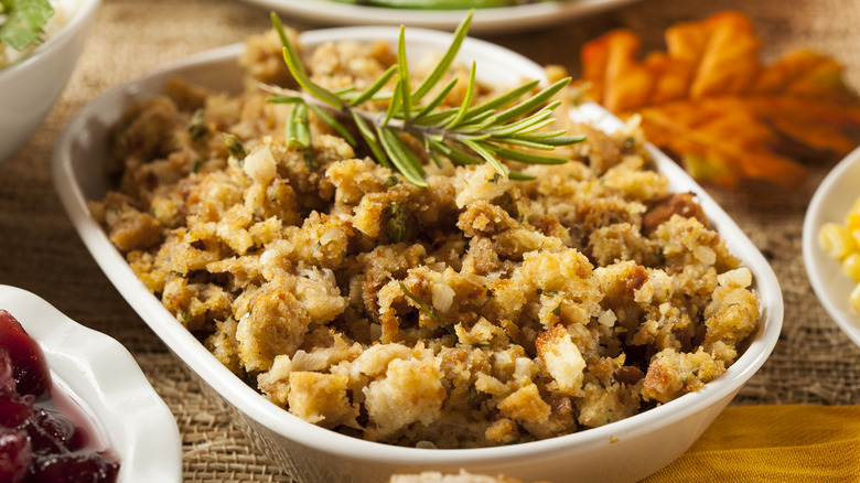 Sausage stuffing with a sprig of rosemary on top