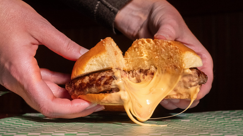 melted cheese oozing out of a Jucy Lucy cheeseburger