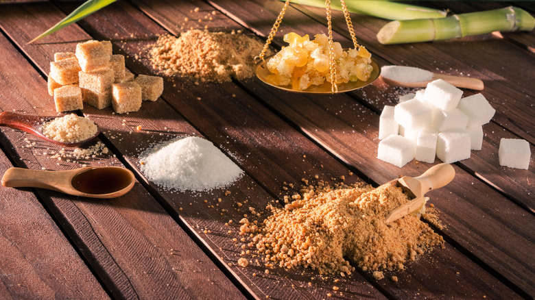 Various types of refined and unrefined sugars