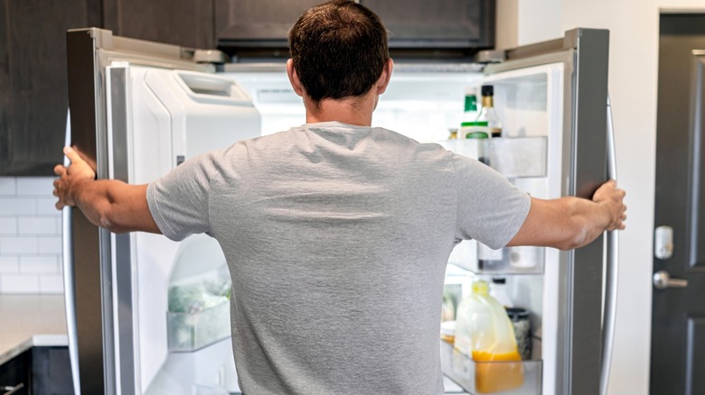 Person looking in open fridge and freezer