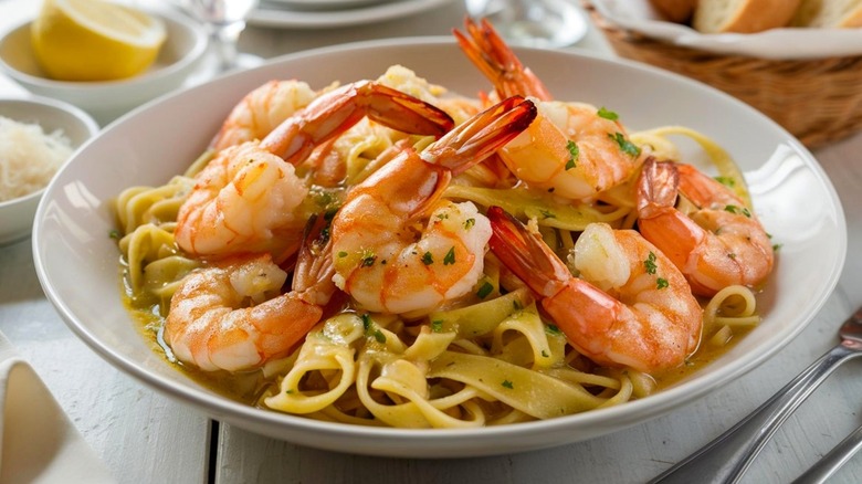 Shrimp scampi in white bowl