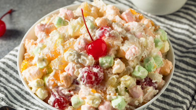 Colorful ambrosia salad with cherries