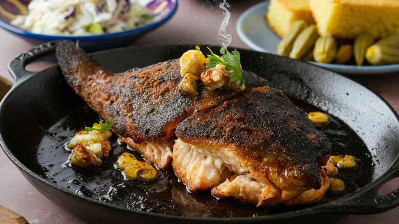 Blackened fish in a cast iron skillet