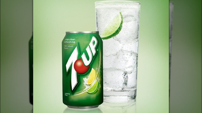 7-up soda in can and glass