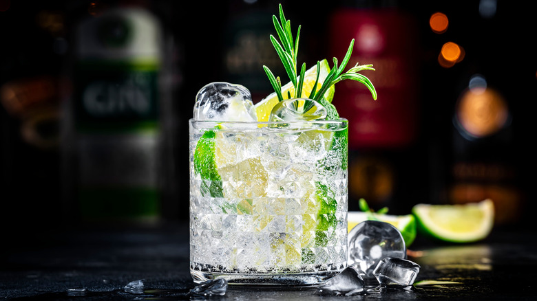 Clear liquid in a glass with lime and rosemary