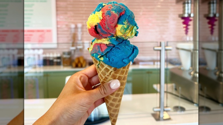 Superman ice cream in cone at scoop shop