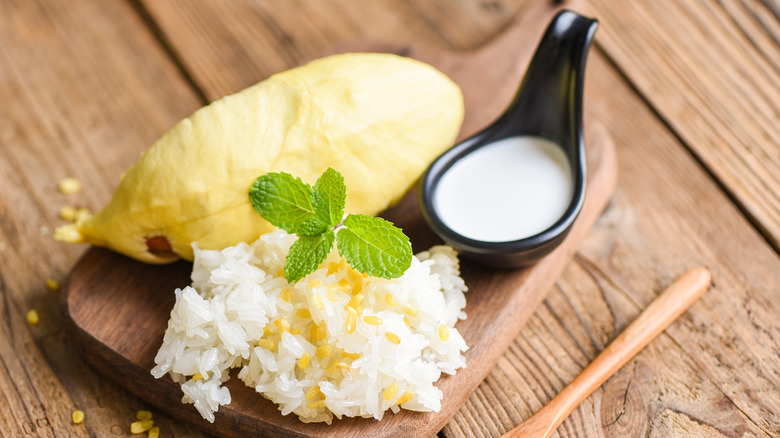 Durian with sticky rice and coconut milk