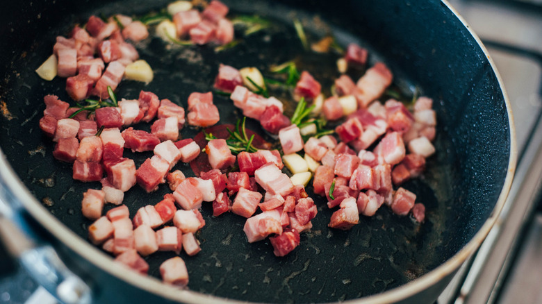 A skillet of cubed pancetta.