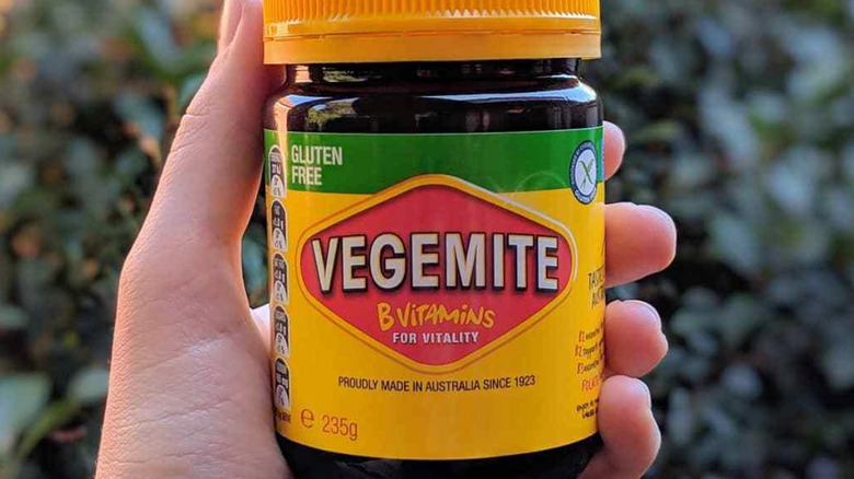 Yellow labeled jar of gluten-free Vegemite.