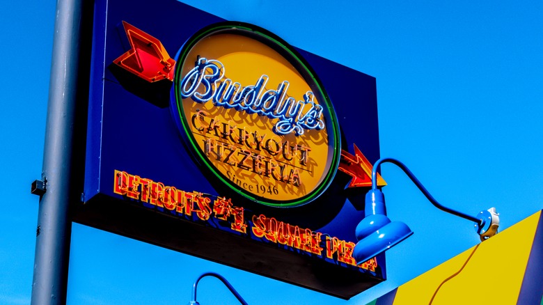 neon sign that reads 'Buddy's carry out pizzeria; since 1946; Detroit's #1 square pizza