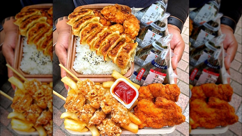 7-Eleven hot snacks on a tray including fried chicken, gyoza, and onigiri