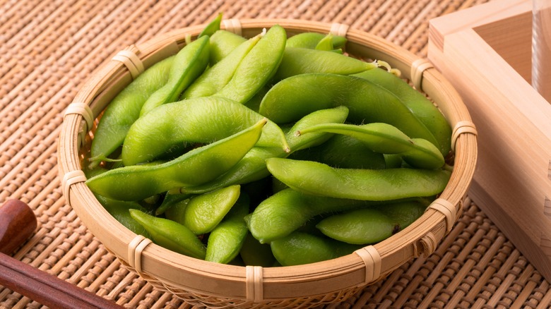 Edamame in pods in a bowl 