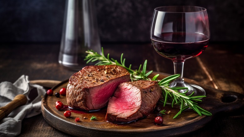 sliced steak on a plate garnished with rosemary and served with a glass of red wine